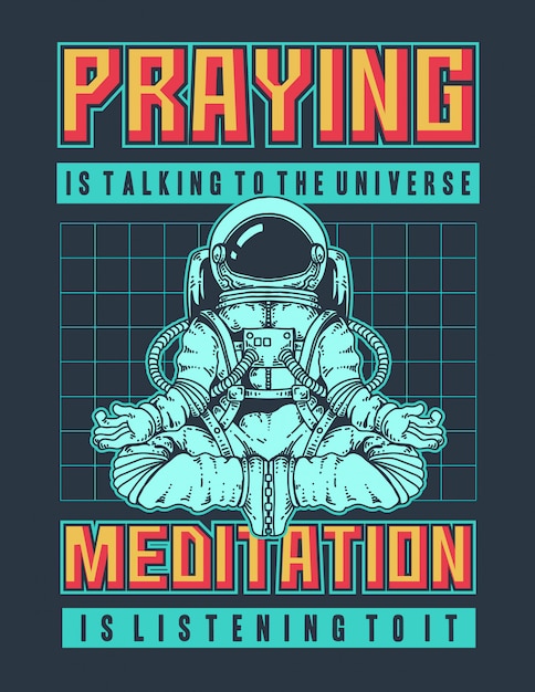 Ilustración de vector de un astronauta haciendo meditación en el espacio con espacio y colores retro de los 90.