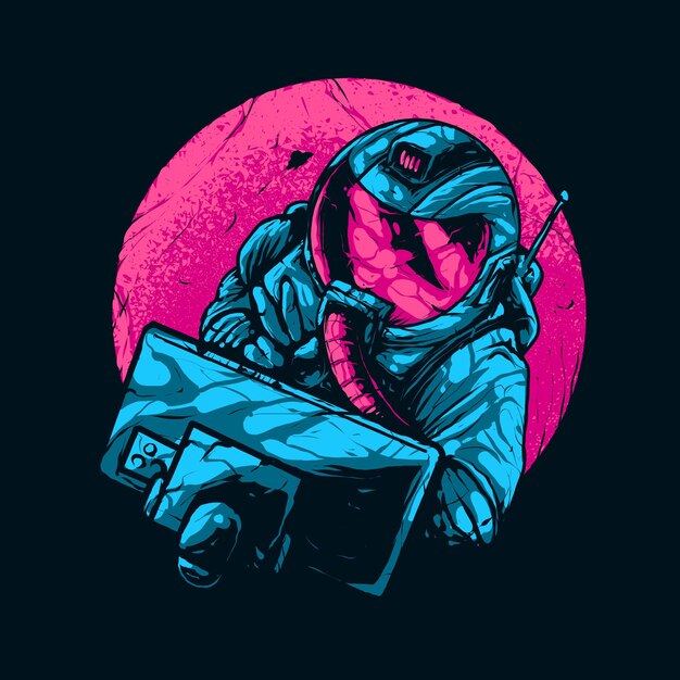 Ilustración de vector de un astronauta tomando un selfie en el espacio. color azul violeta. adecuado para camisetas y otros productos de indumentaria