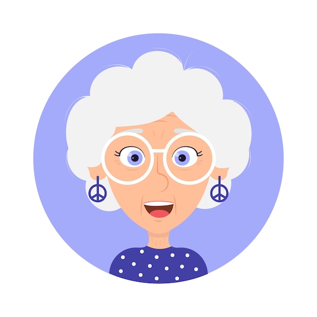 Ilustración de vector de avatar de anciana hippie feliz