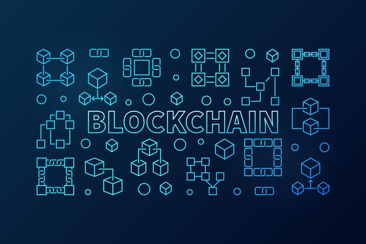 Vector ilustración de vector azul blockchain o banner en estilo de línea fina