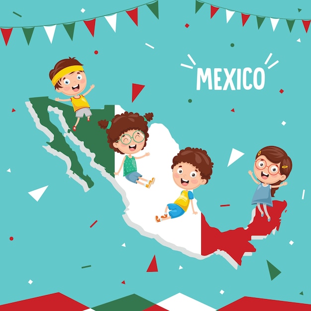 Ilustración de vector de la bandera de méxico y los niños