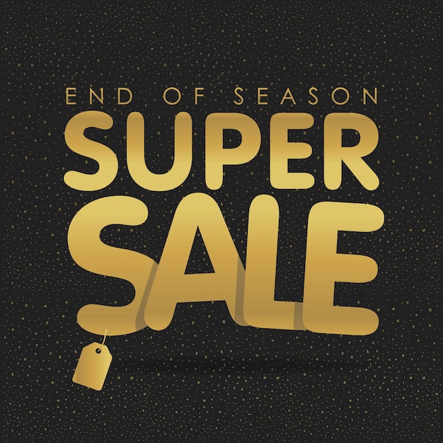Ilustración de vector de banner de cartel de oferta de super venta. letras de texto dorado con etiqueta.