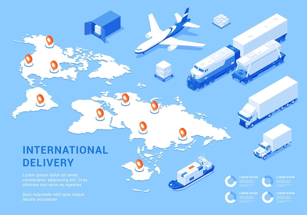 Ilustración de vector de banner isométrico de ubicación de mapa global de transporte de entrega internacional