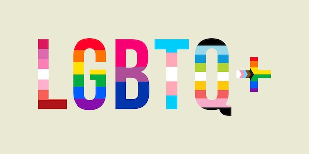 Ilustración de vector de banner de palabra LGBTQ aislada sobre fondo blanco Tipografía con L Bandera lesbiana G Bandera del orgullo gay B Bandera bisexual T Orgullo de la comunidad transgénero Q Queer Símbolo del desfile gay