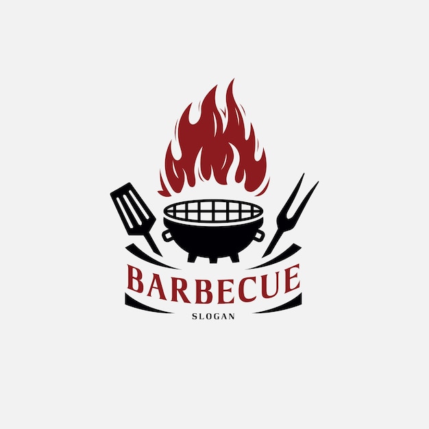 Ilustración de vector de barbacoa de concepto minimalista con espátula de fuego de parrilla y tenedor de parrilla para diseño de logotipo de restaurante de barbacoa