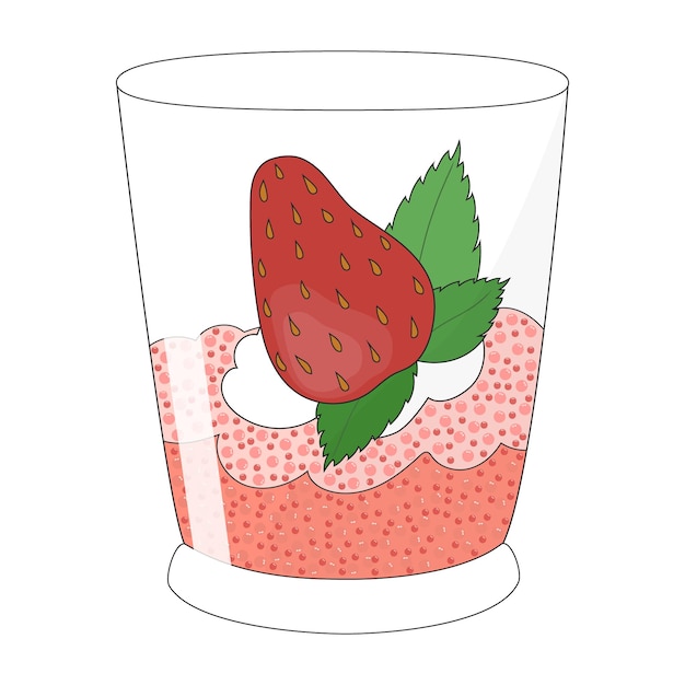 Ilustración de vector de batido de fresa con semillas de chía y menta en un vaso transparente