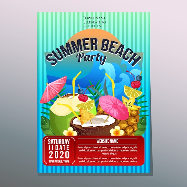 Ilustración del vector de la bebida del cóctel de la plantilla del cartel del día de fiesta del festival del partido del verano