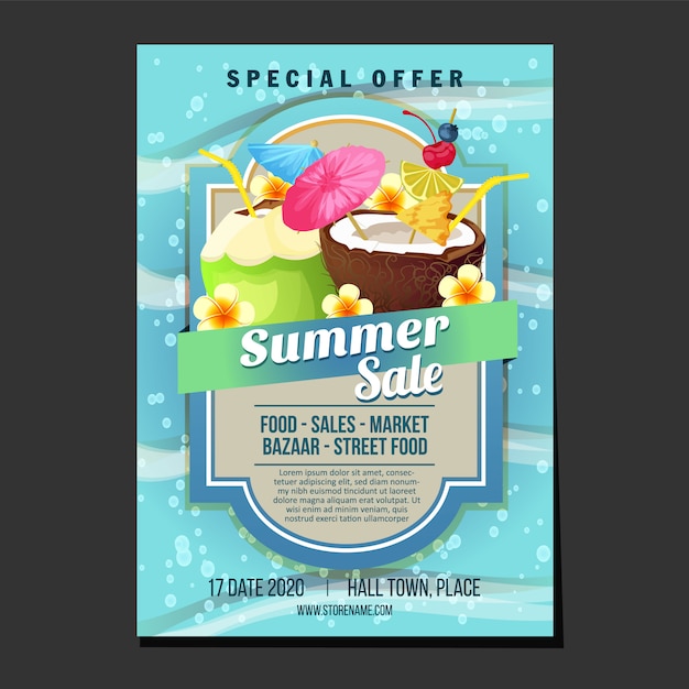 Ilustración del vector de la bebida del cóctel del tema de la textura del mar de la plantilla del cartel de las ventas del verano