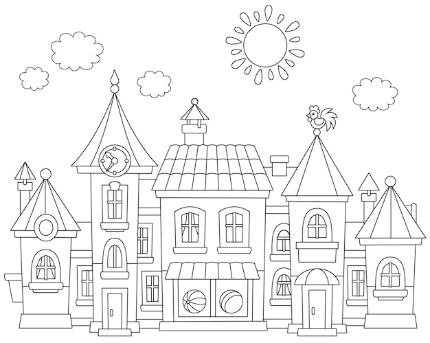Ilustración de vector blanco y negro de una ciudad de juguete