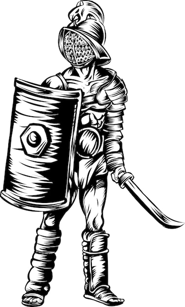 Ilustración de vector blanco y negro de guerrero gladiador aislado en blanco