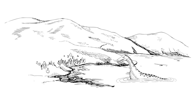 Ilustración de vector de boceto dibujado a mano de tinta Paisaje paisaje de tierras altas campo naturaleza Colinas lago monstruo Composición de banner horizontal Diseño para viajes turismo folleto impresión arte de la pared