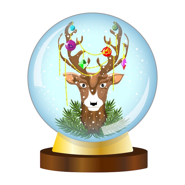 Ilustración de vector de bola de nieve con un ciervo de navidad y nieve. bola de año nuevo con ciervos navideños.