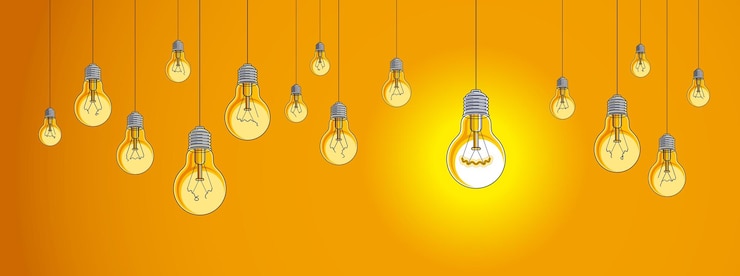 Vector ilustración de vector de bombillas de concepto de idea con uno solo está brillando, piensa diferente, creatividad, sé especial, liderazgo.