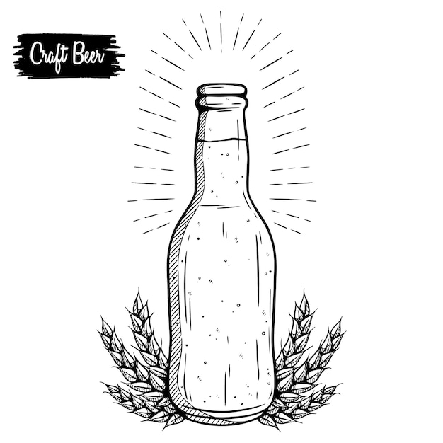 Vector ilustración de vector de botella de cerveza con espiga de trigo en tinta estilo dibujado a mano