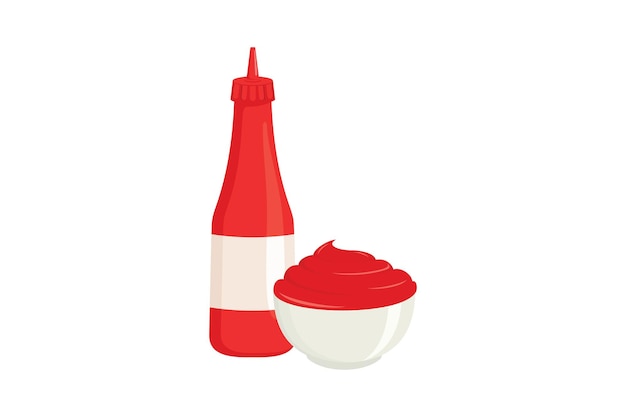 Ilustración de vector de botella de salsa de tomate y salsa de tomate en un tazón en estilo plano