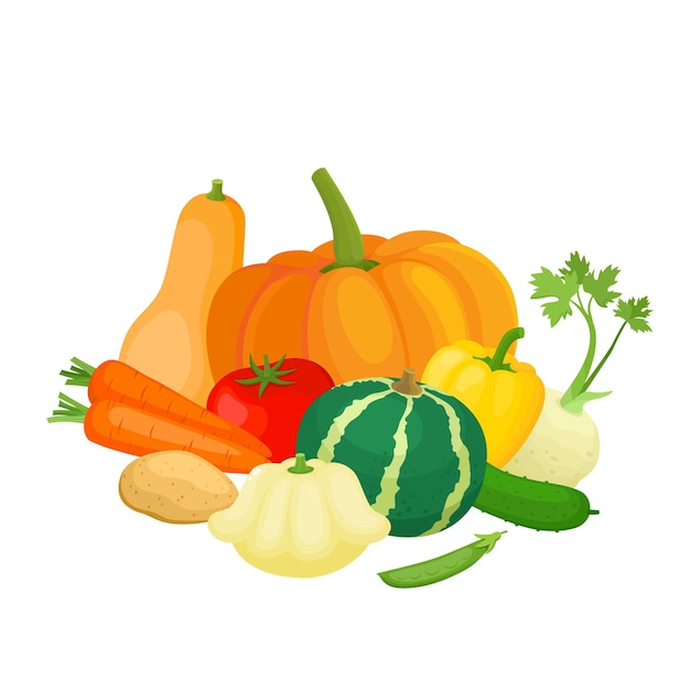 Ilustración de vector brillante de coloridas verduras amarillas, naranjas, rojas, verdes. dibujos animados frescos