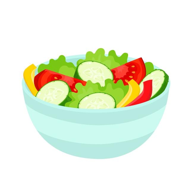 Ilustración de vector brillante de colorido ensaladera. Dibujos animados de verduras orgánicas y ensalada aisladas sobre fondo blanco que se utilizan para revistas, libros, carteles, tarjetas, portada del menú, páginas web.