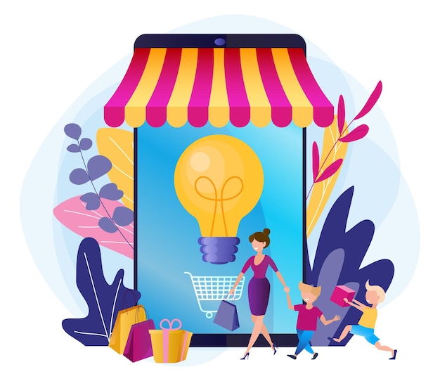 Ilustración de vector brillante de ideas para regalos Compras en línea