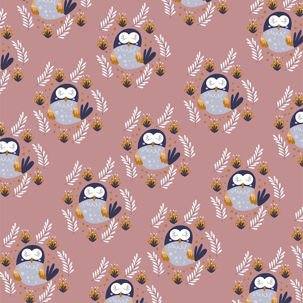 Ilustración de vector con búho de dibujos animados durmiendo. Patrón lindo búho