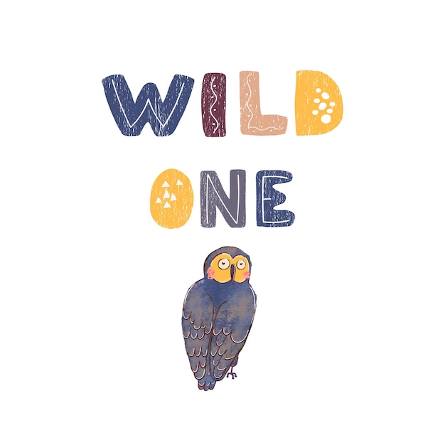 Ilustración de vector de búho y letras dibujadas a mano Wild one
