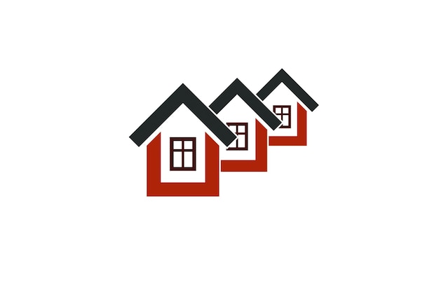 Ilustración de vector de cabañas simples, casas de campo, para uso en diseño gráfico. Concepto inmobiliario, tema de región o distrito. Imagen abstracta de la empresa constructora.