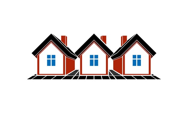 Ilustración de vector de cabañas simples, casas de campo, para uso en diseño gráfico. Concepto inmobiliario, tema de región o distrito. Imagen abstracta de la empresa constructora.