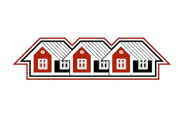 Ilustración de vector de cabañas simples, casas de campo, para uso en diseño gráfico. Concepto inmobiliario, tema de región o distrito. Imagen abstracta de la empresa constructora.