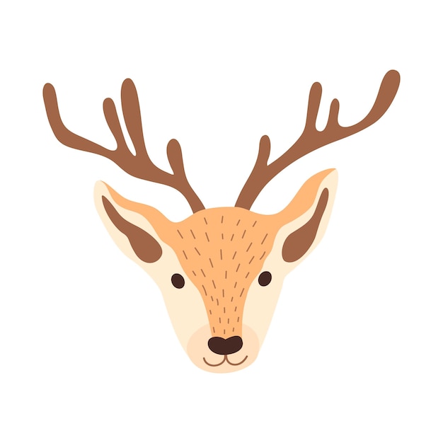 Ilustración de vector de cabeza de ciervo en estilo plano. Ciervos del bosque para el diseño de Navidad, año nuevo, pegatinas, carteles, invitaciones, tarjetas de felicitación.