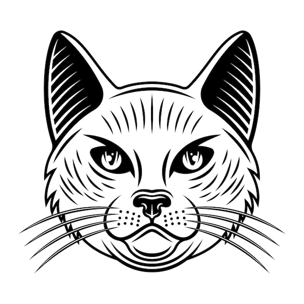 Ilustración de vector de cabeza de gato en estilo monocromo vintage aislado sobre fondo blanco