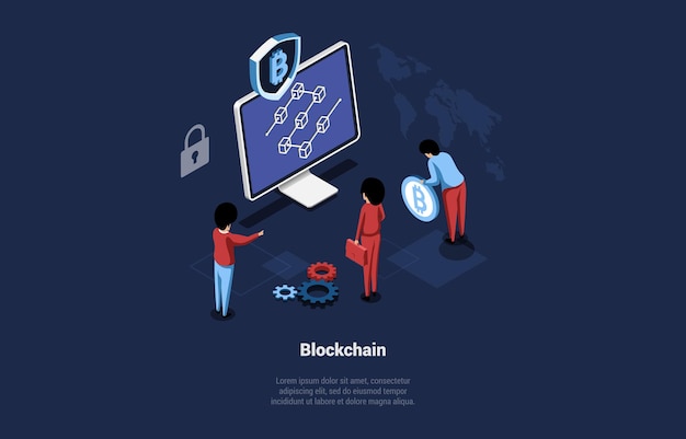 Ilustración de vector de cadena de bloques en estilo de dibujos animados 3D sobre fondo oscuro. Diseño isométrico conceptual. Comercio de Bitcoin, Moneda internacional de Internet, Criptomoneda moderna, Esquema de estrategia comercial