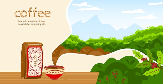 Ilustración de vector de café. Bebida aromática de taza de café plana de dibujos animados, paquete de bolsa de papel, granos de café cosechan plantas de ingredientes naturales y plantaciones naturales