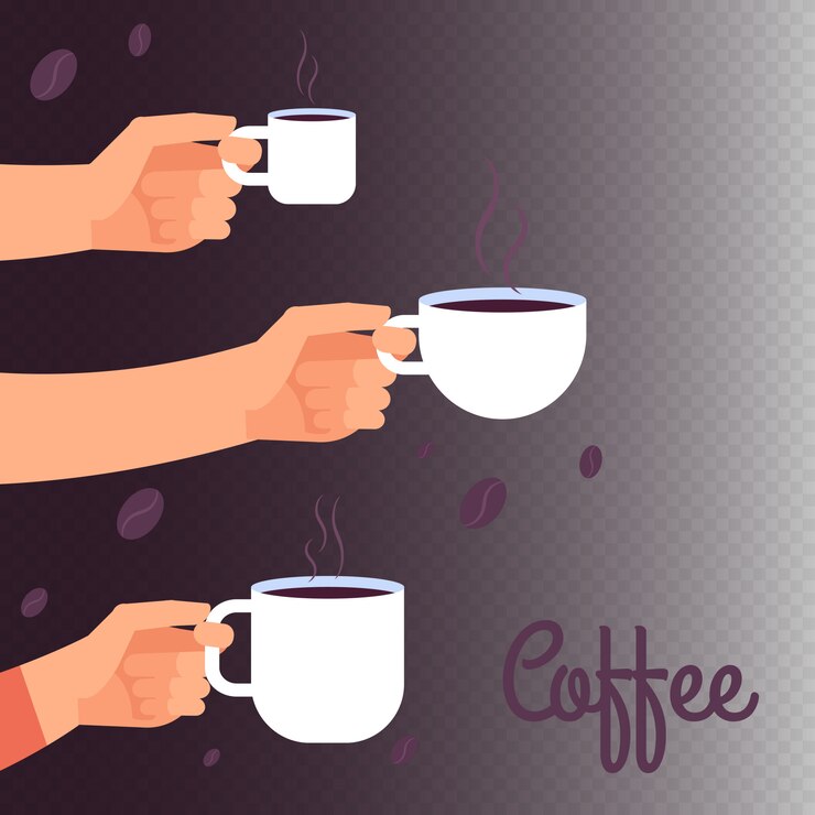 Vector ilustración de vector de café con manos sosteniendo tazas de bebida caliente