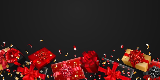 Ilustración de vector de cajas de regalo rojas, negras y doradas con cintas, lazos y sombras, y pequeñas piezas brillantes de serpentina sobre fondo oscuro