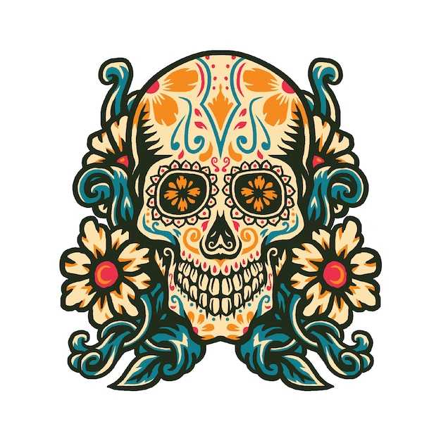 Ilustración de vector de calavera de azúcar con borde de flores