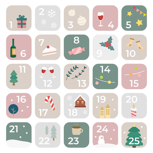 Ilustración de vector de calendario de adviento de elementos navideños para decoración de fiestas