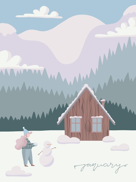 Ilustración de vector de calendario de enero con bosque de casa de invierno y montañas