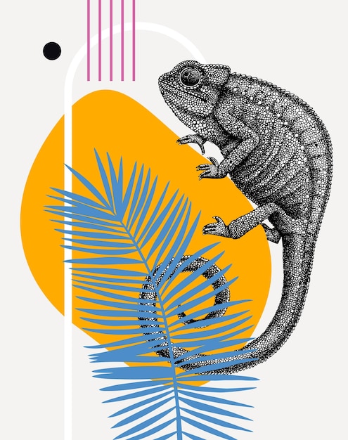 Vector ilustración de vector de camaleón de estilo collage reptil dibujado a mano en hoja de palma