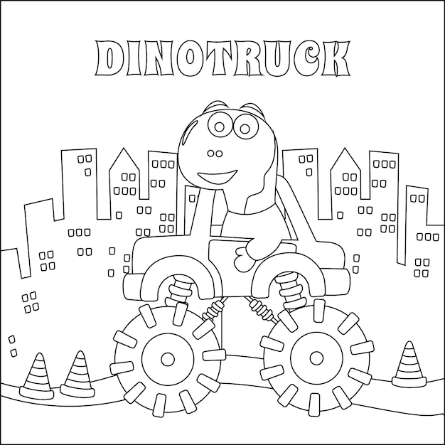 Ilustración de vector de camión monstruo con dinosaurios lindos de dibujos animados