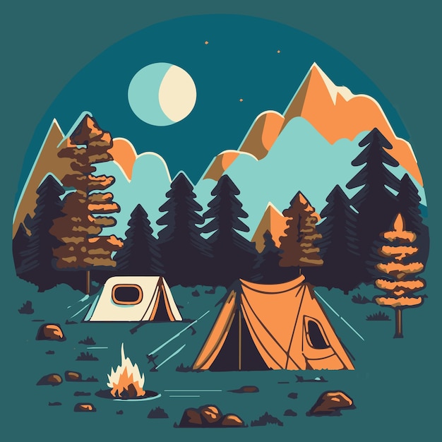 Ilustración de vector de camping Tienda en la naturaleza al aire libre Paisaje de dibujos animados con árboles y montañas