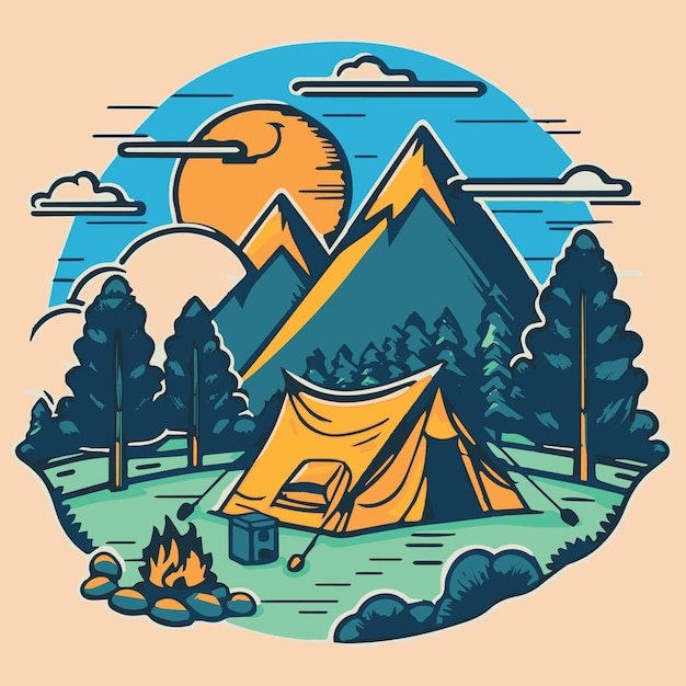 Ilustración de vector de camping tienda en la naturaleza al aire libre  paisaje de dibujos animados con árboles y montañas  Vector Premium