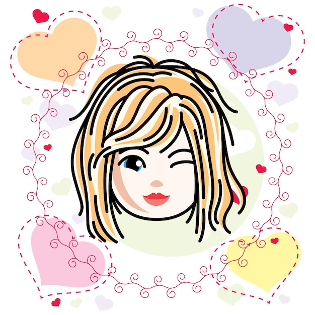 Vector ilustración de vector de cara de niña feliz rubia hermosa, rasgos faciales positivos, imágenes prediseñadas. adolescente guiñando un ojo.