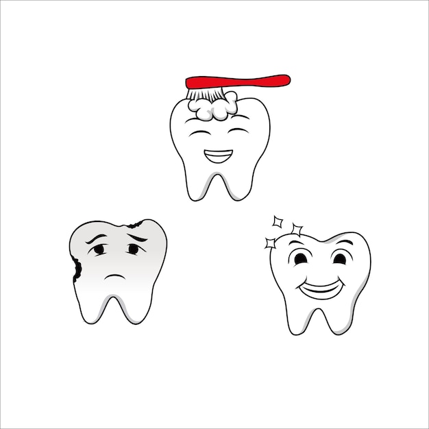 Ilustración de vector de carácter de diente. símbolo de salud, dolor y cepillo de dientes.