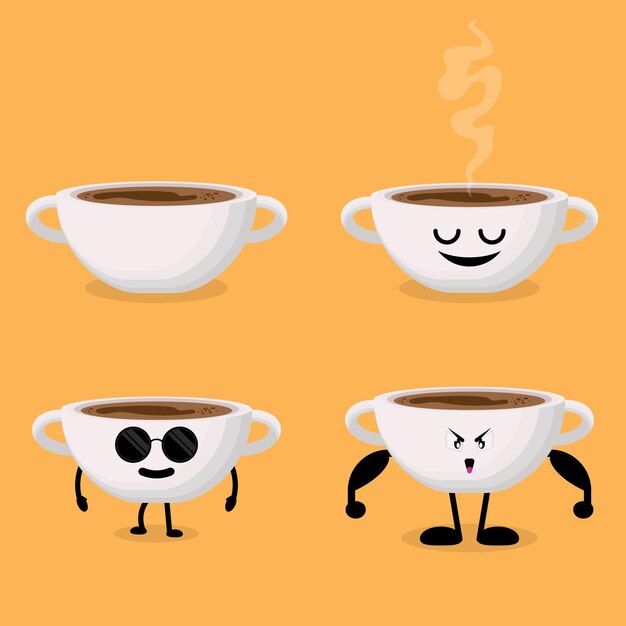 Ilustración de vector de carácter de taza de café en varios estilos.