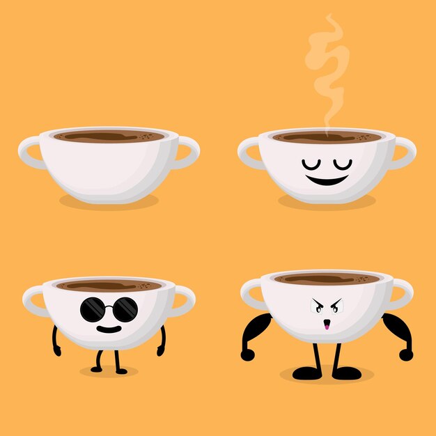 Ilustración de vector de carácter de taza de café en varios estilos.