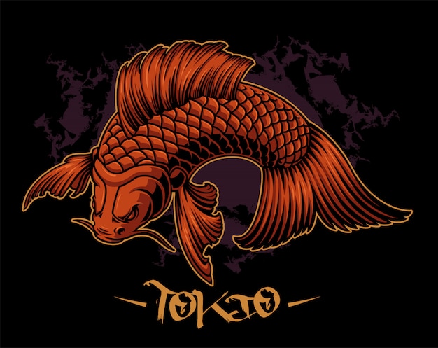 Ilustración de vector de una carpa koi en el fondo oscuro.