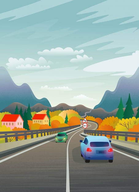 Ilustración de vector de una carretera de montaña con coches y el pueblo. ilustración plana en estilo de dibujos animados.