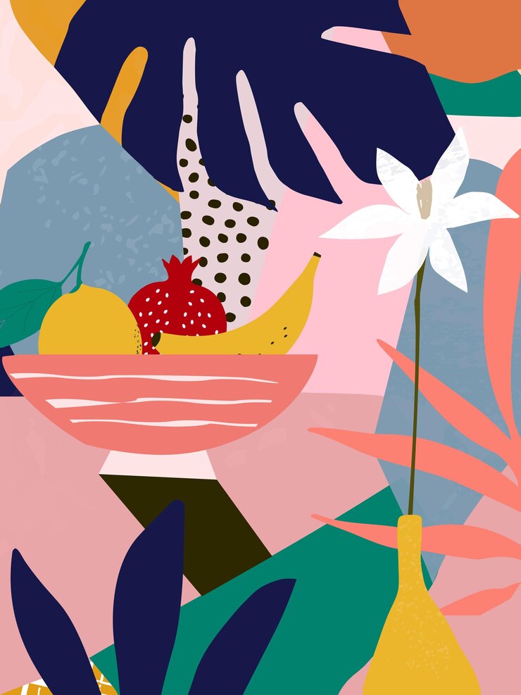 Vector ilustración de vector de cartel botánico dibujo de follaje con formas abstractas y frutas