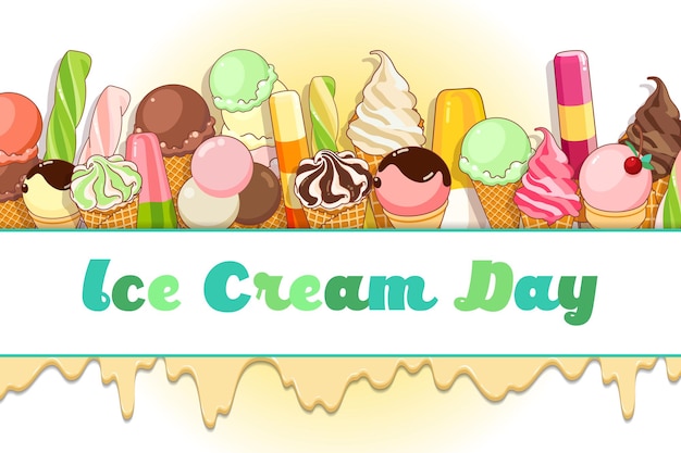 Ilustración de vector de cartel de colores brillantes con helado, conos de gofre, paletas en un hermoso fondo.