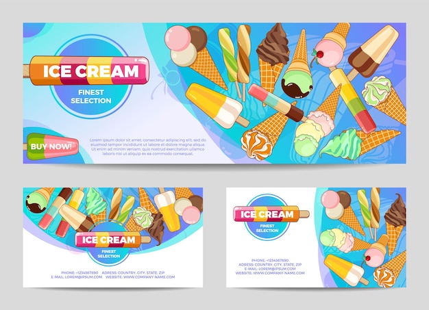 Ilustración de vector de cartel de colores brillantes con helado, conos de gofre, paletas en un hermoso fondo.