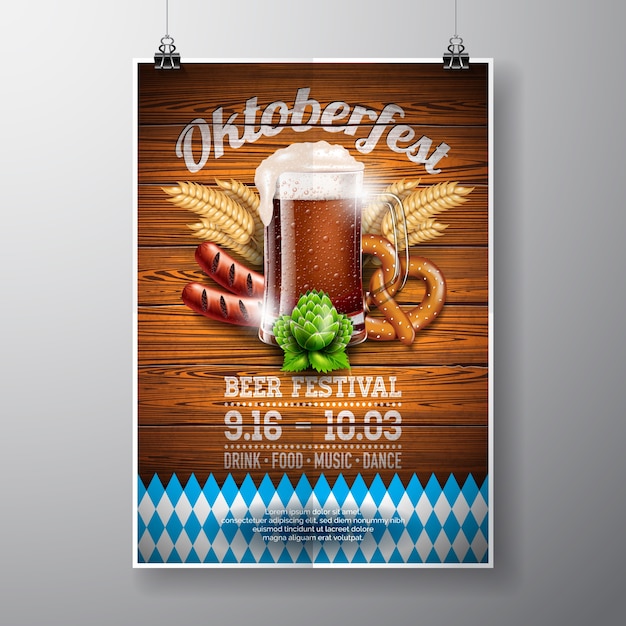 Vector ilustración del vector del cartel de oktoberfest con cerveza oscura fresca en el fondo de la textura de madera. plantilla del aviador de la celebración para el festival alemán tradicional de la cerveza.